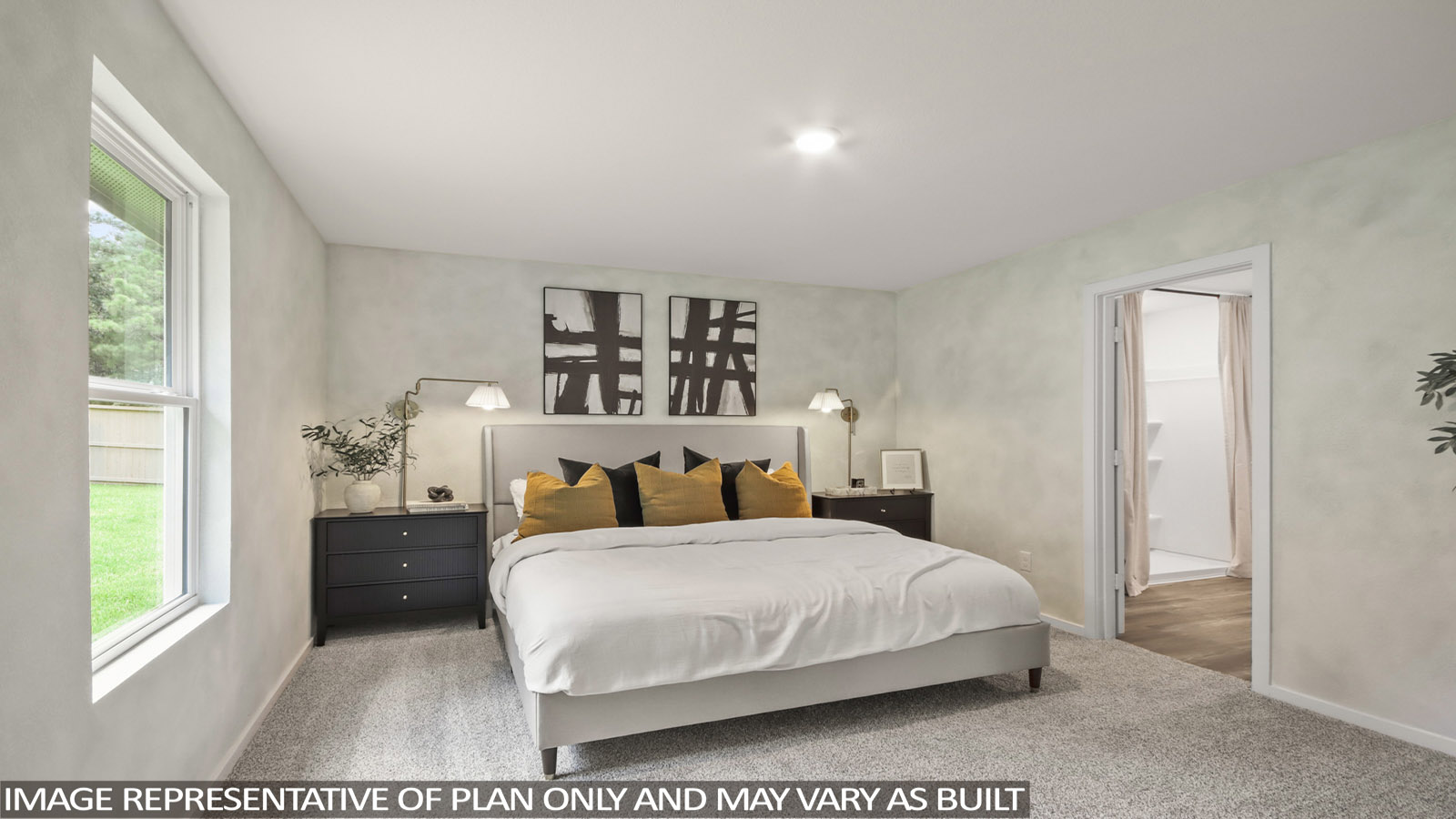 Large Primary bedroom with shag carpet flooring and bright window