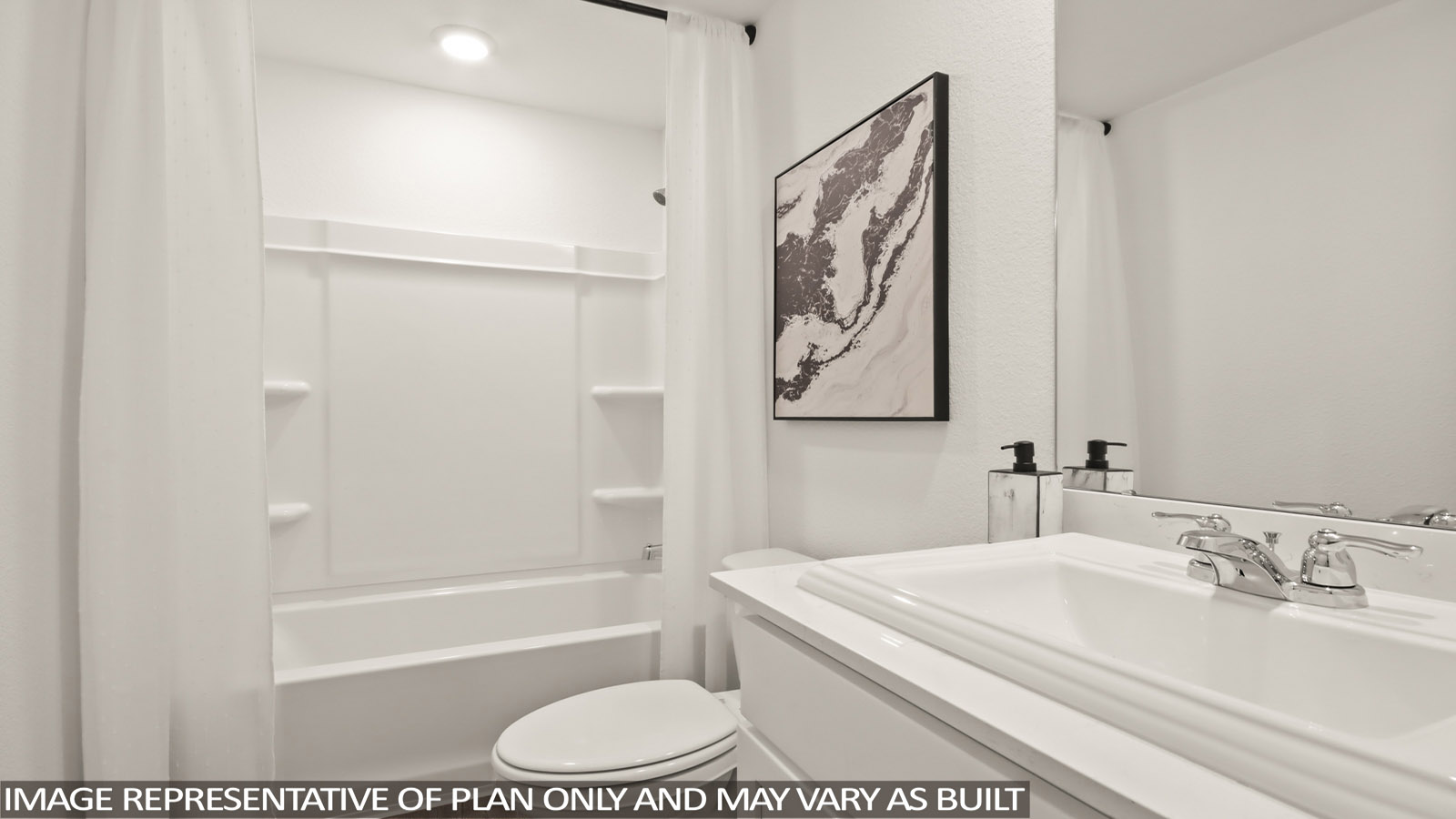 Secondary bathroom with tub/shower combo with quartz counter tops in Magnolia TX