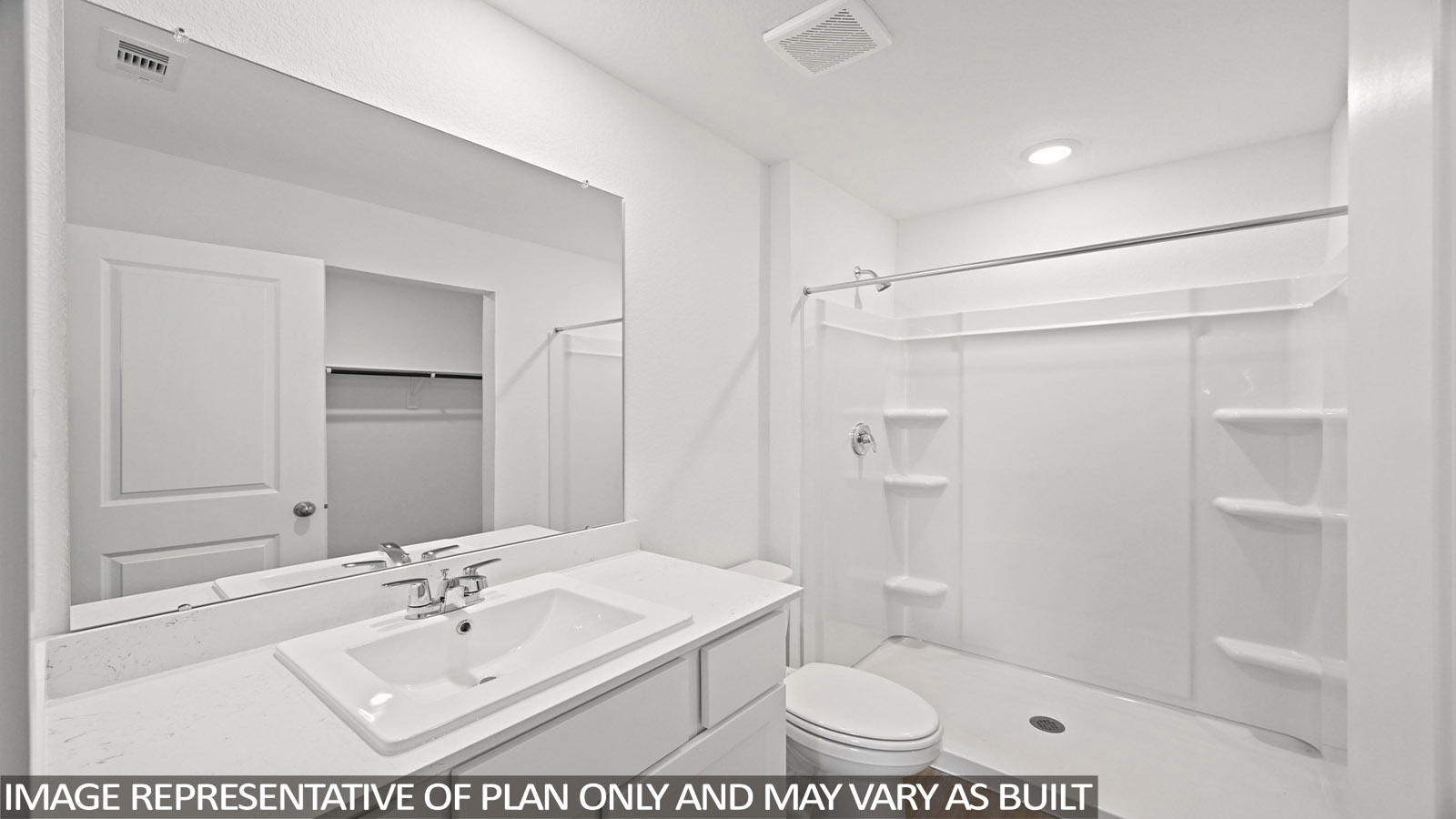 Primary bathroom with stand-alone shower with tiles and semi frameless glass in Magnolia TX