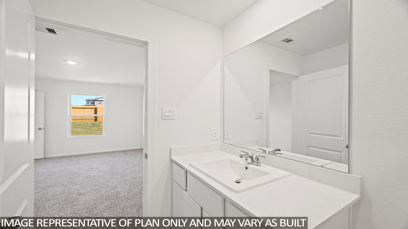 Primary bathroom with single sink with quartz counter tops in Magnolia TX