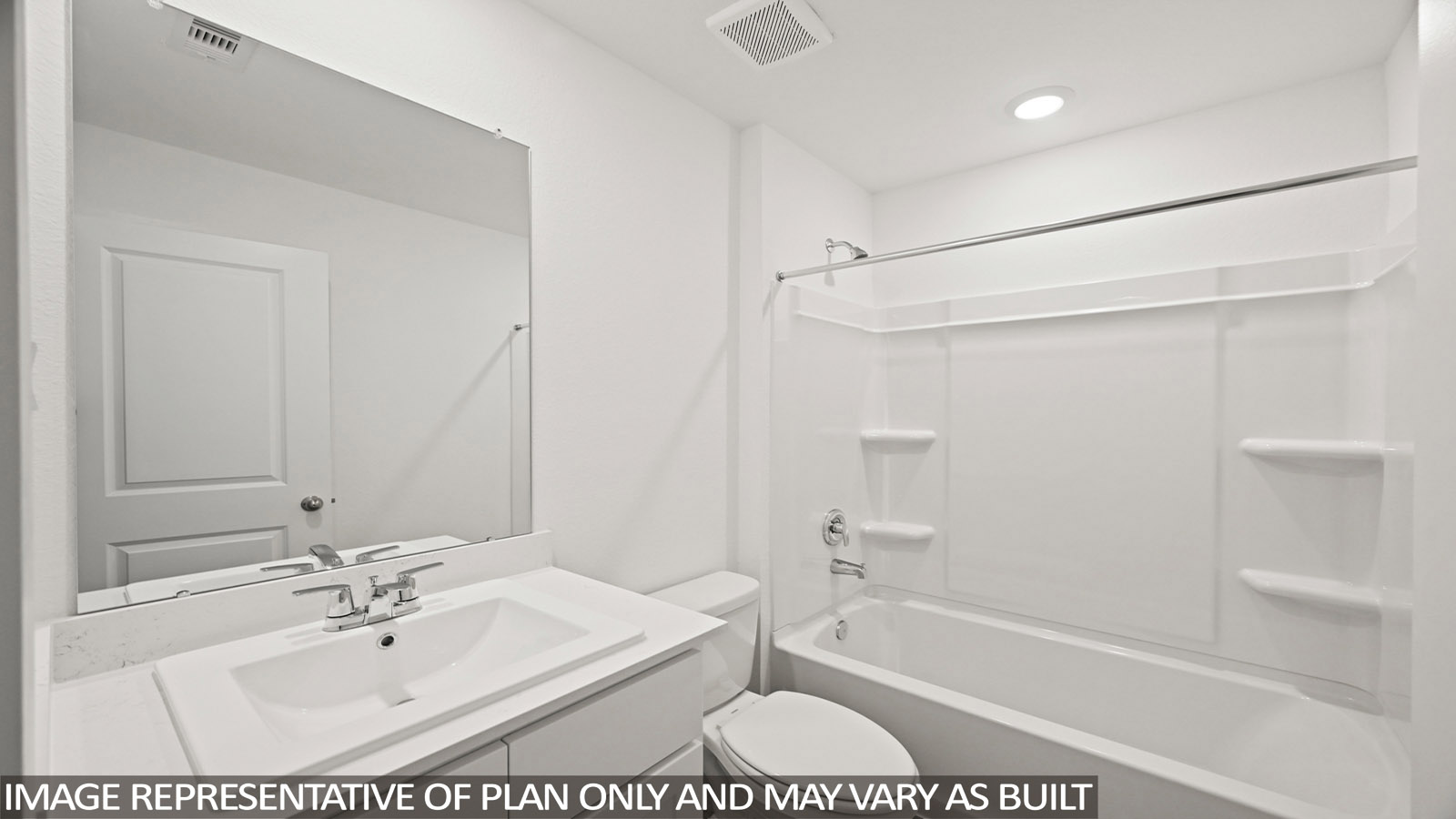 Secondary bathroom with tub/shower combo with quartz counter tops in Magnolia TX