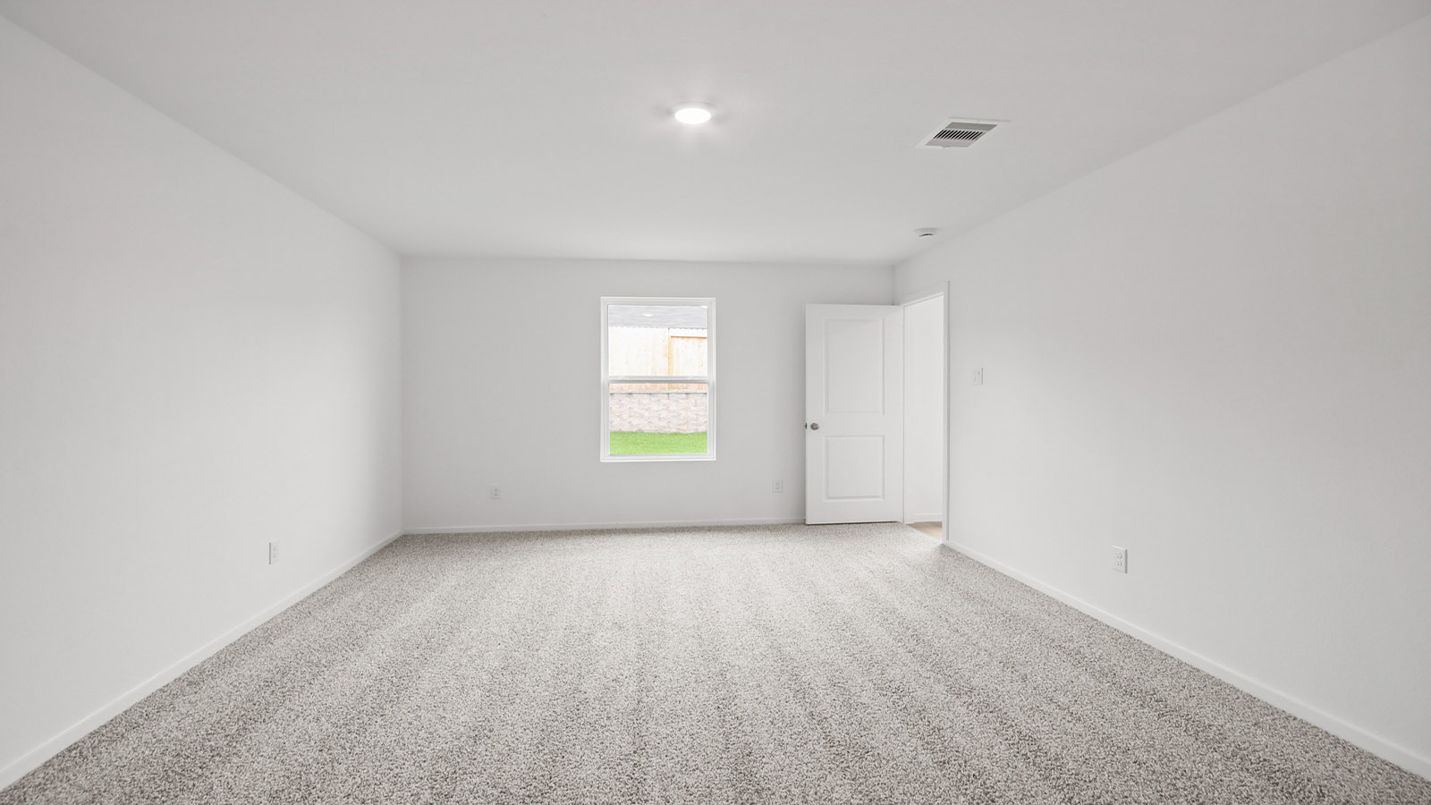 Large Primary bedroom with shag carpet flooring and bright window