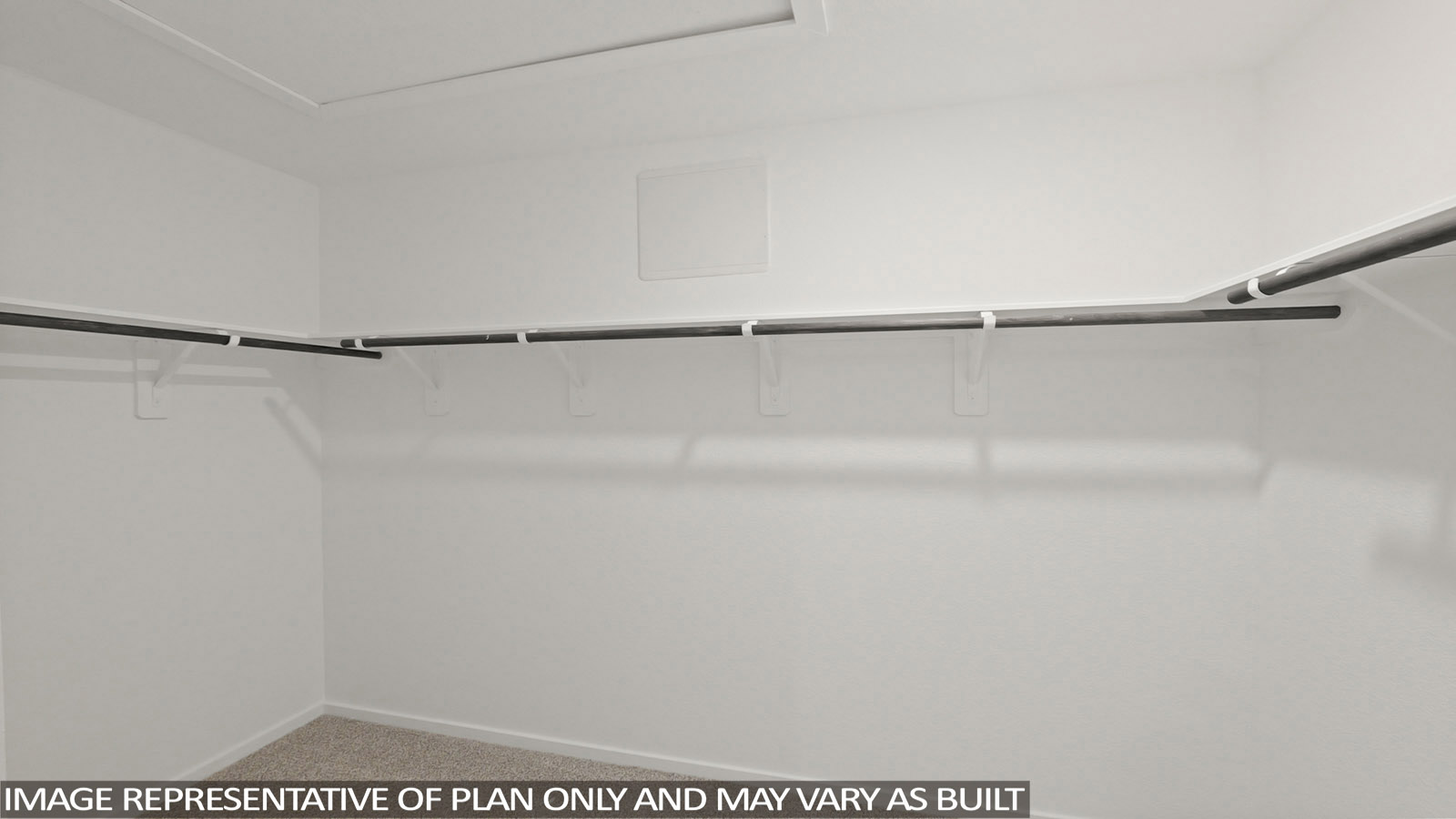 Primary closet with white walls and light carpet.