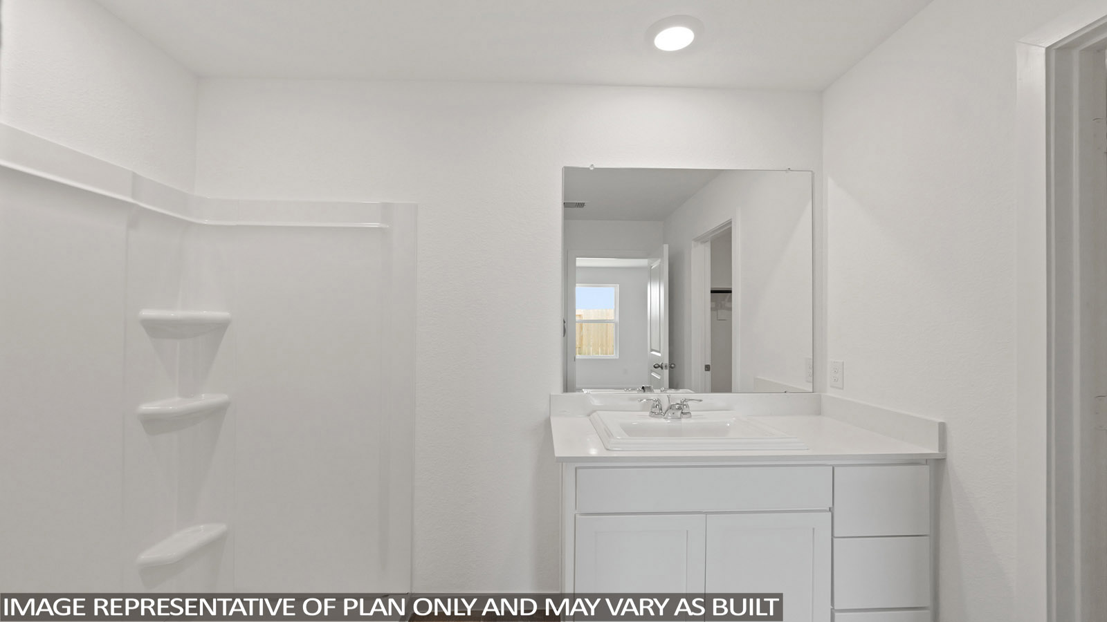 Primary bathroom with a walk-in shower, sink, white walls, and vinyl wood flooring.