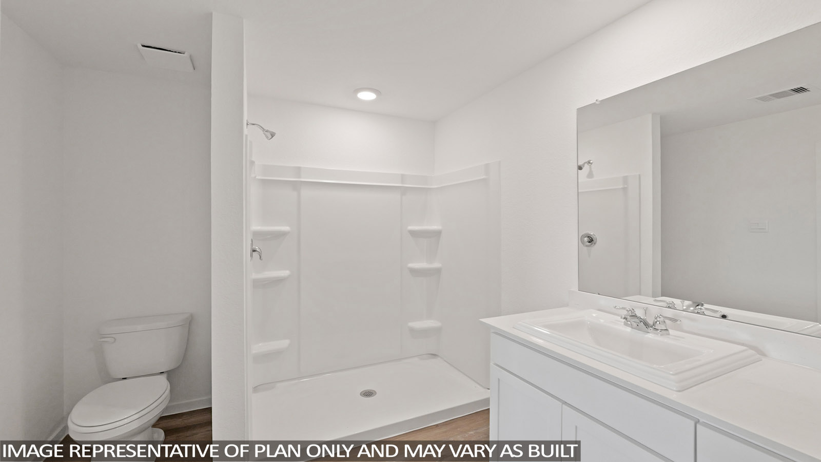 Primary bathroom with a walk-in shower, sink, white walls, and vinyl wood flooring.