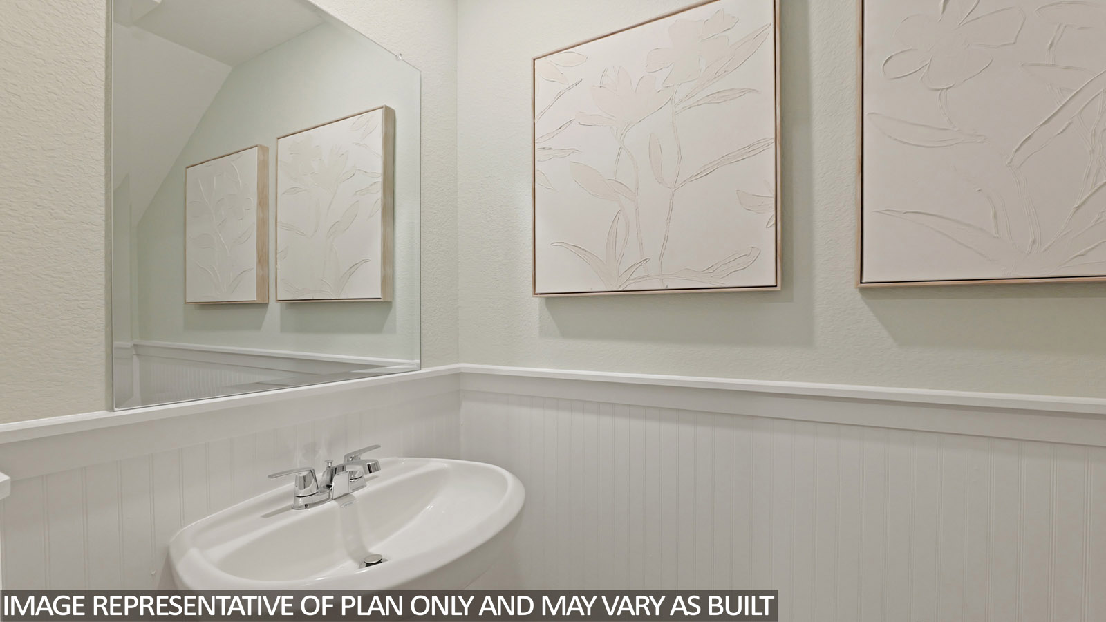 Powder room with white walls and vinyl wood flooring.