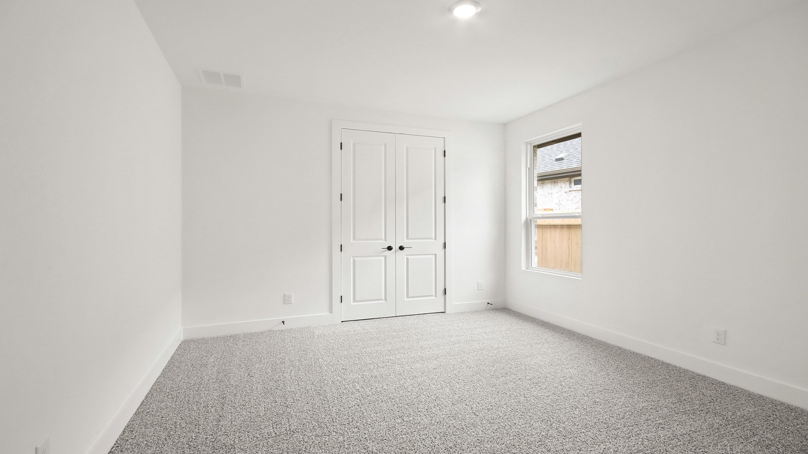 Secondary bedroom with shag carpet flooring and bright window