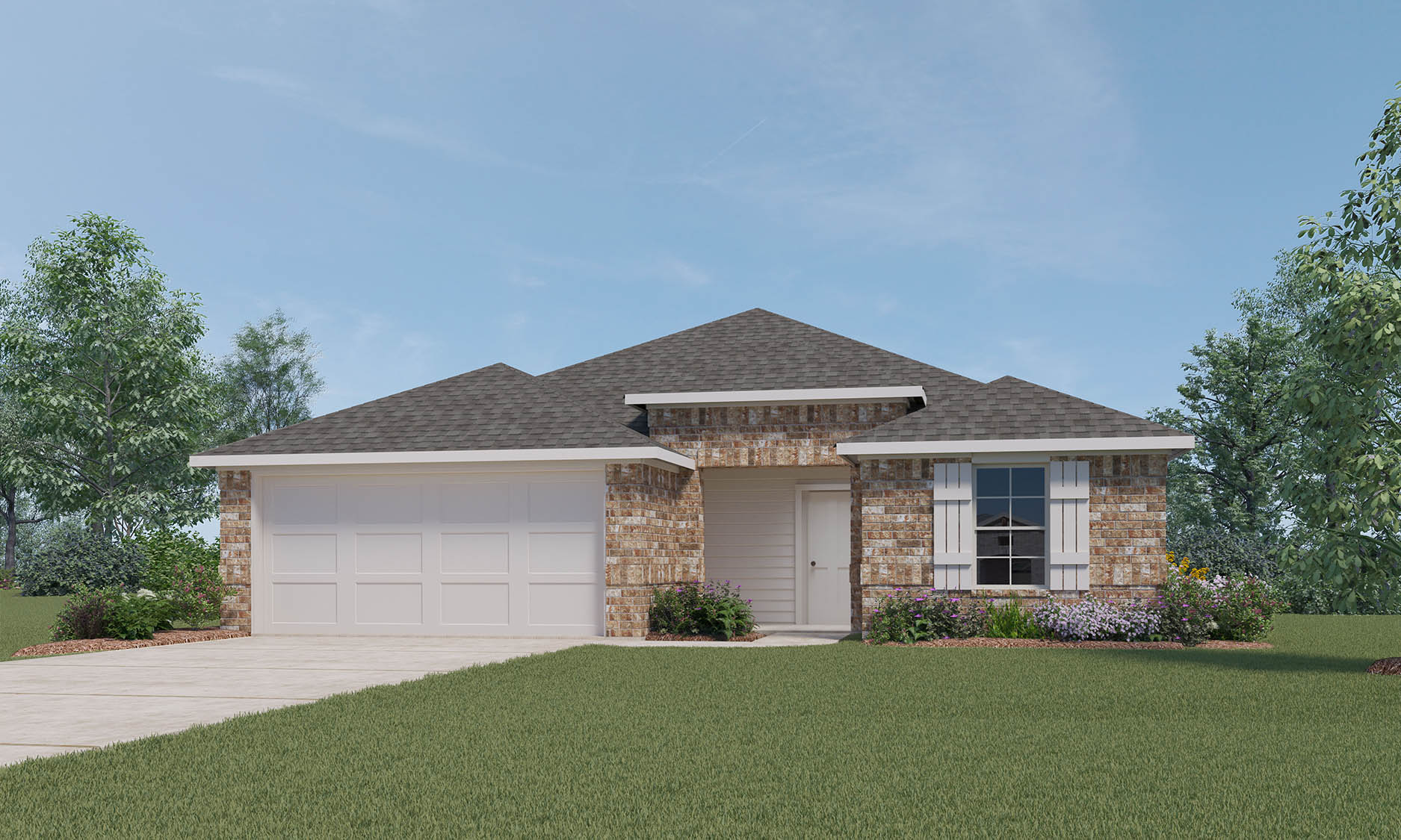 Single-story home rendering with two-car garage.