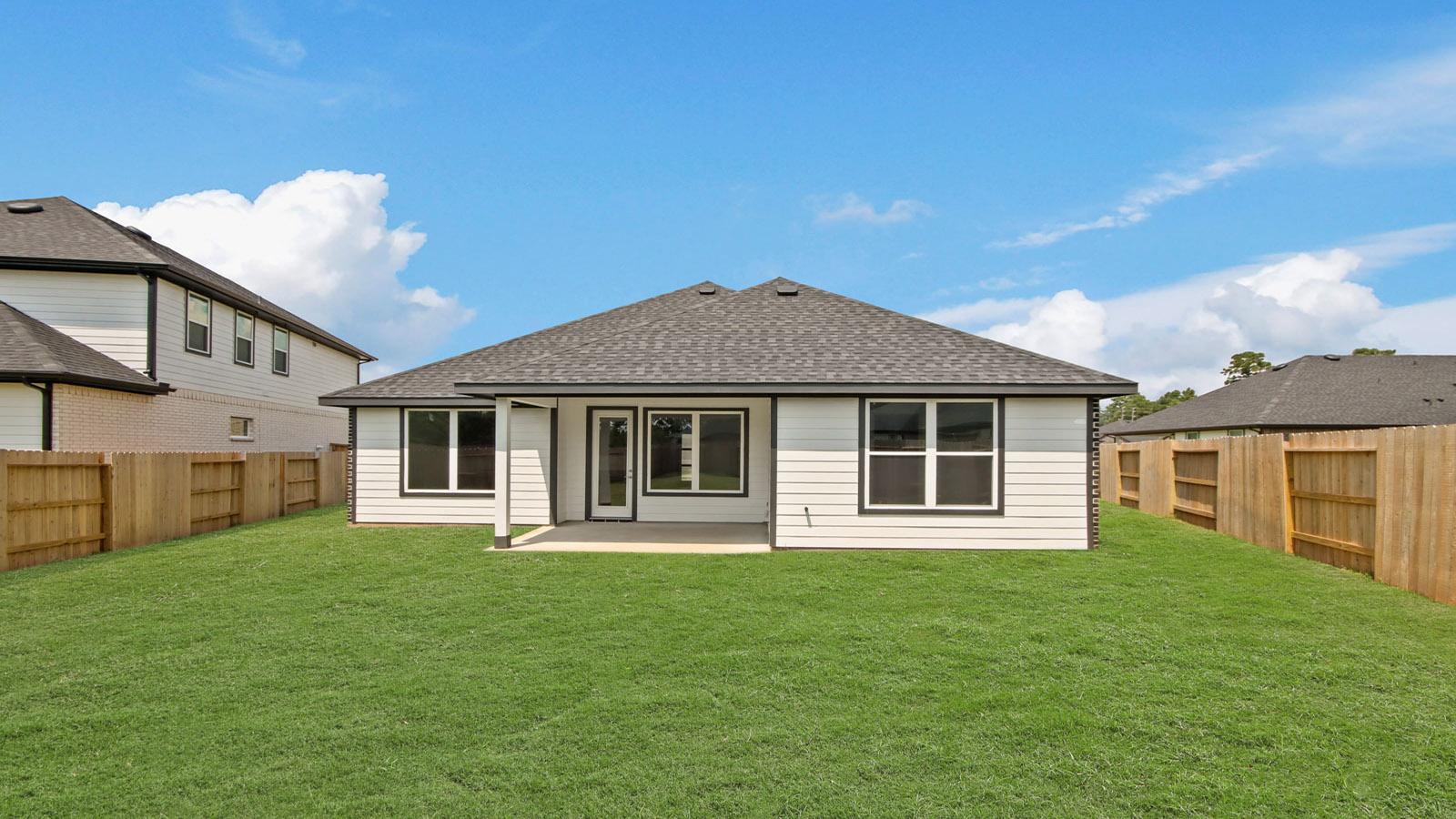 Landscaped backyard with a covered patio.