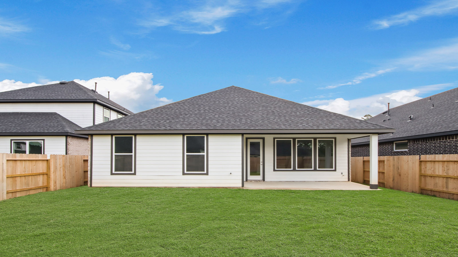 Landscaped backyard with a covered patio.