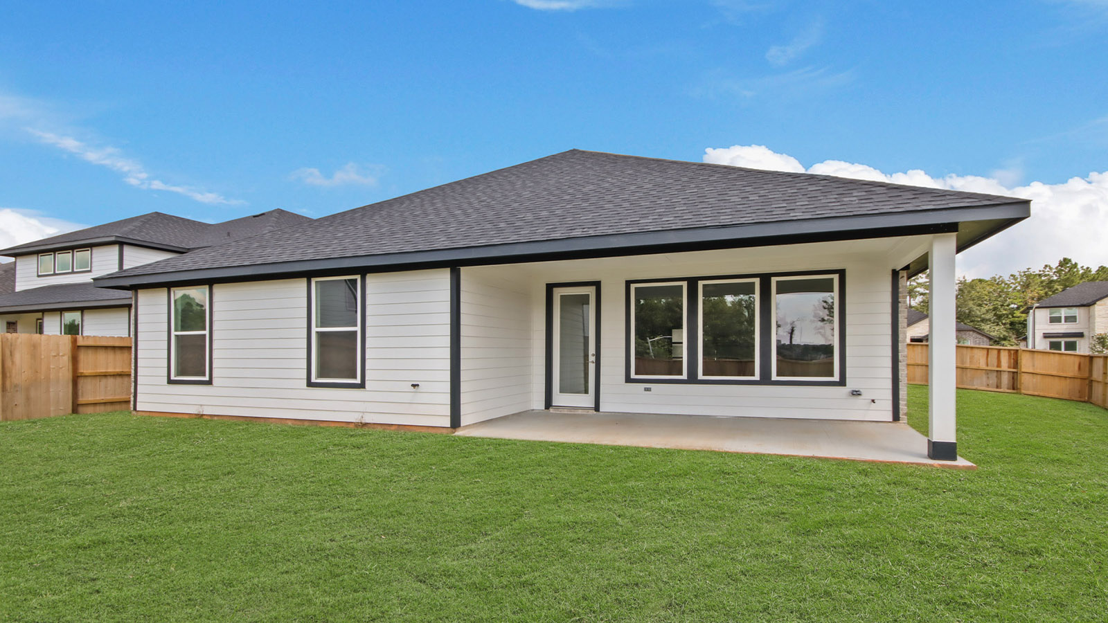 Landscaped backyard with a covered patio.