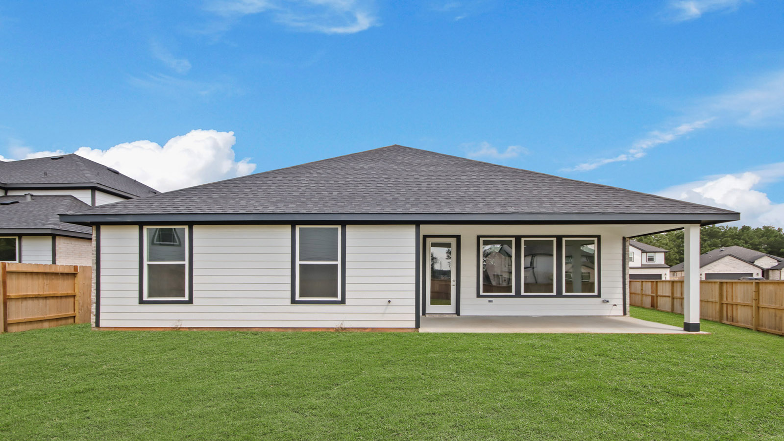 Landscaped backyard with a covered patio.