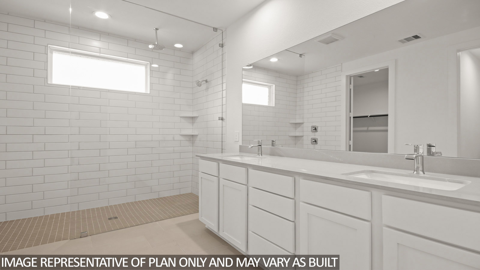 Primary bathroom with dual sinks, super shower, white walls, and vinyl wood flooring.