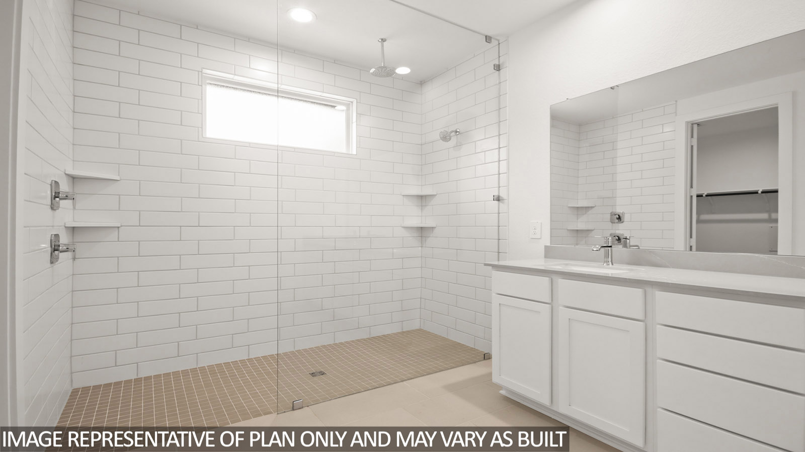 Primary bathroom with dual sinks, super shower, white walls, and vinyl wood flooring.