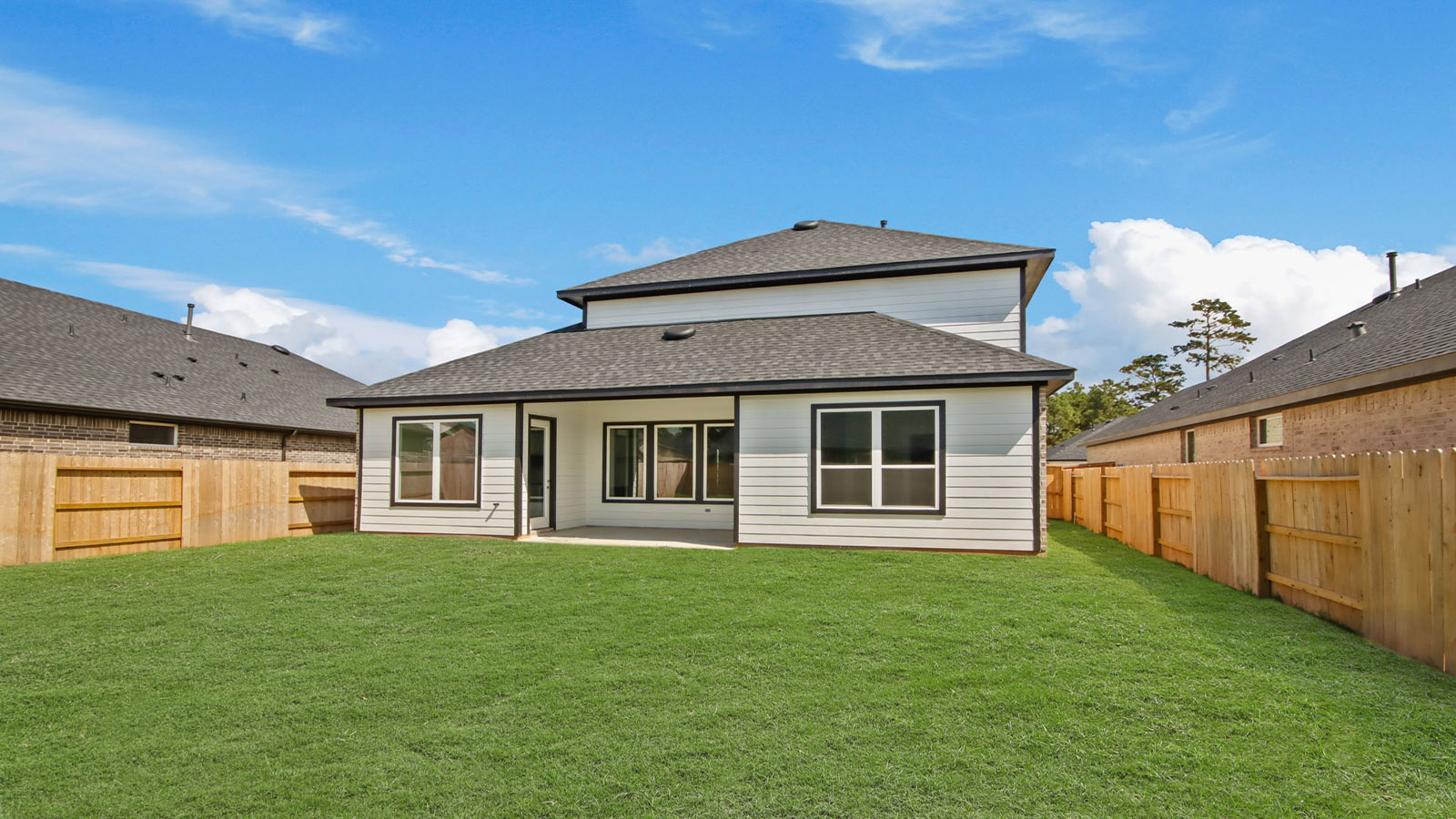 Landscaped backyard with a covered patio.