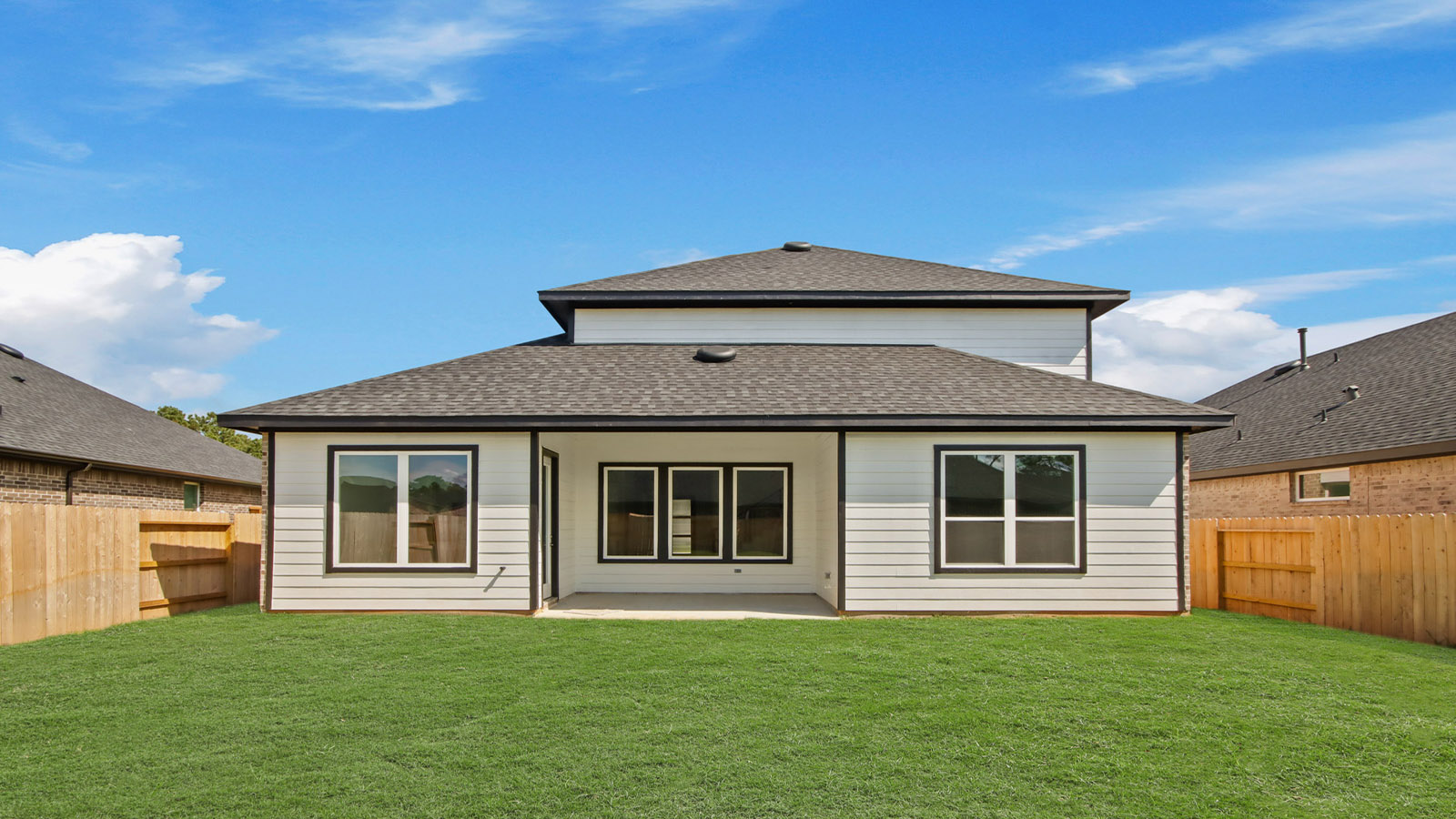 Landscaped backyard with a covered patio.