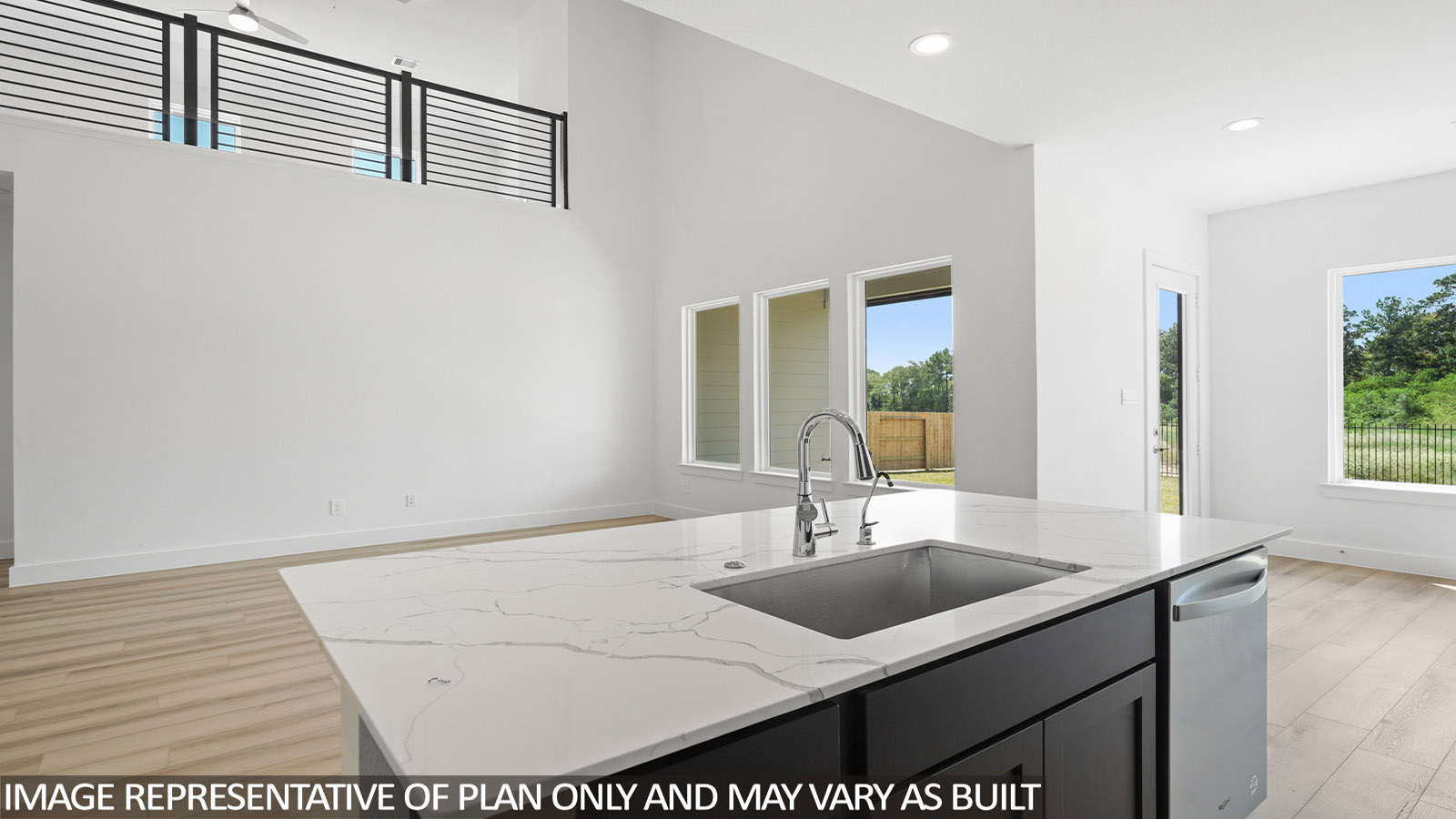 Open kitchen with an island, stainless steel appliances, dark cabinets, white walls, and vinyl wood flooring.