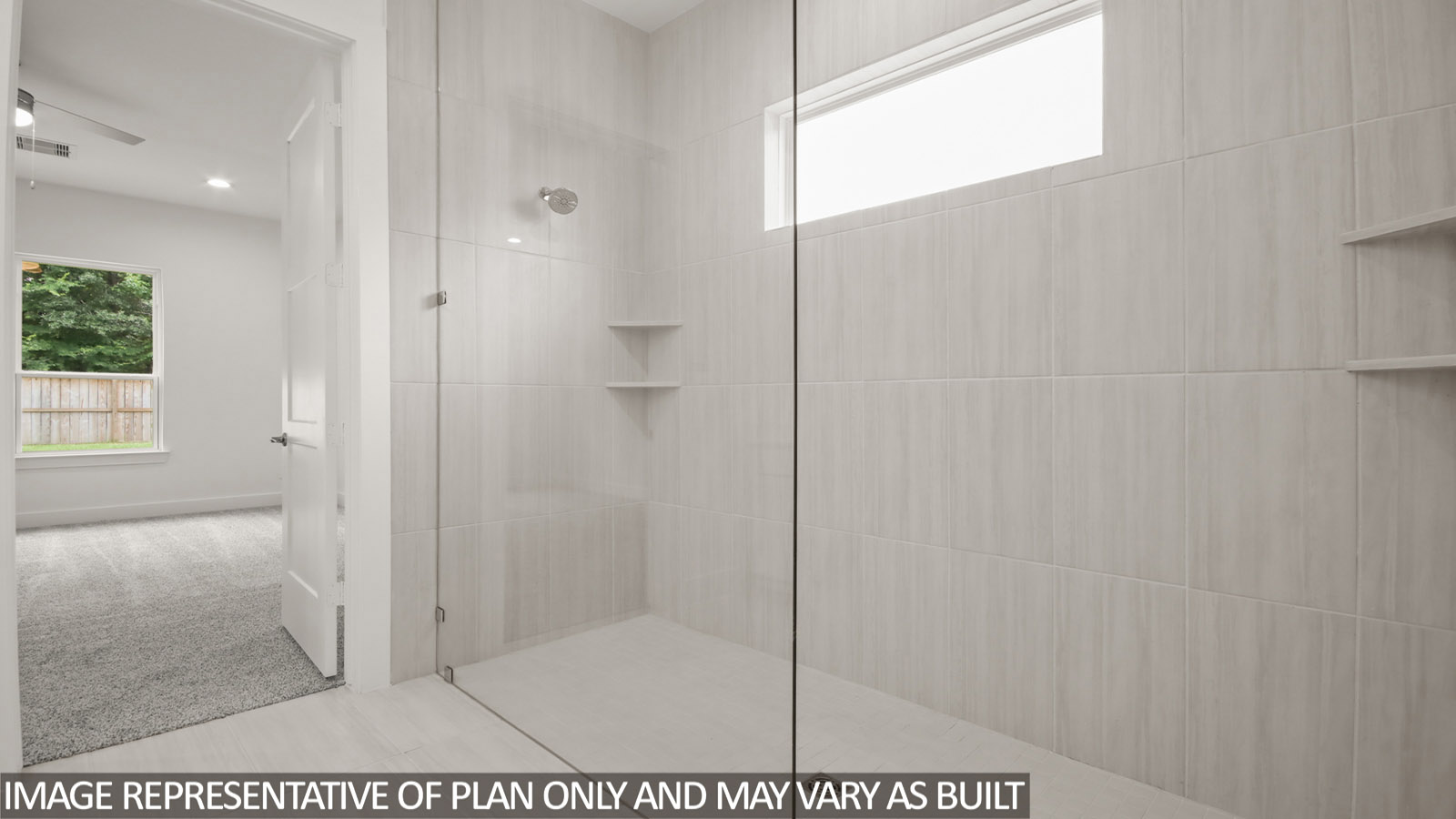 Primary bathroom with dual sinks, super shower, white walls, and vinyl wood flooring.