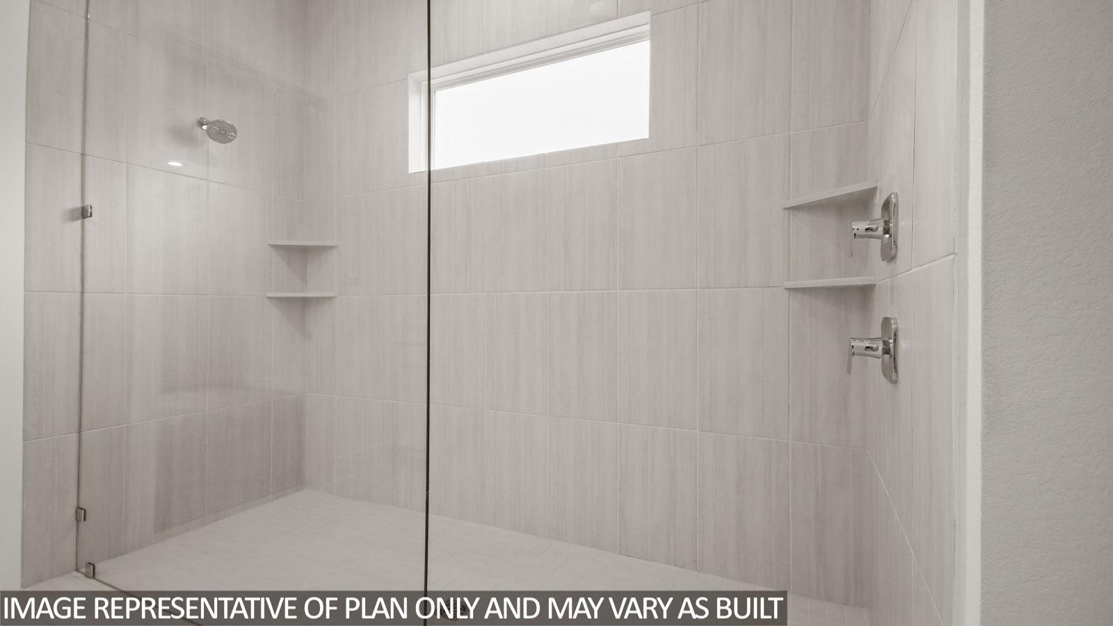 Primary bathroom with dual sinks, super shower, white walls, and vinyl wood flooring.