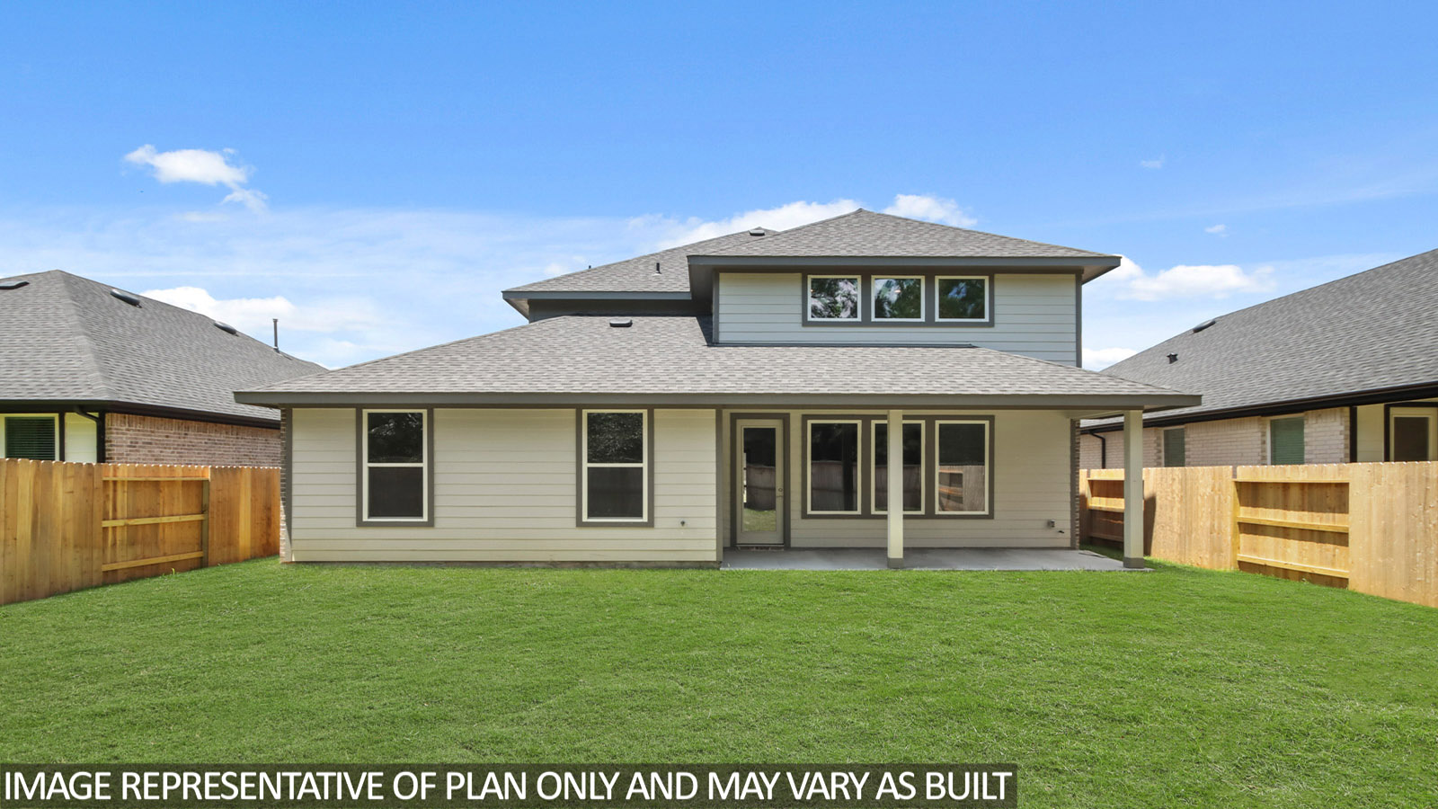 Landscaped backyard with a covered patio.