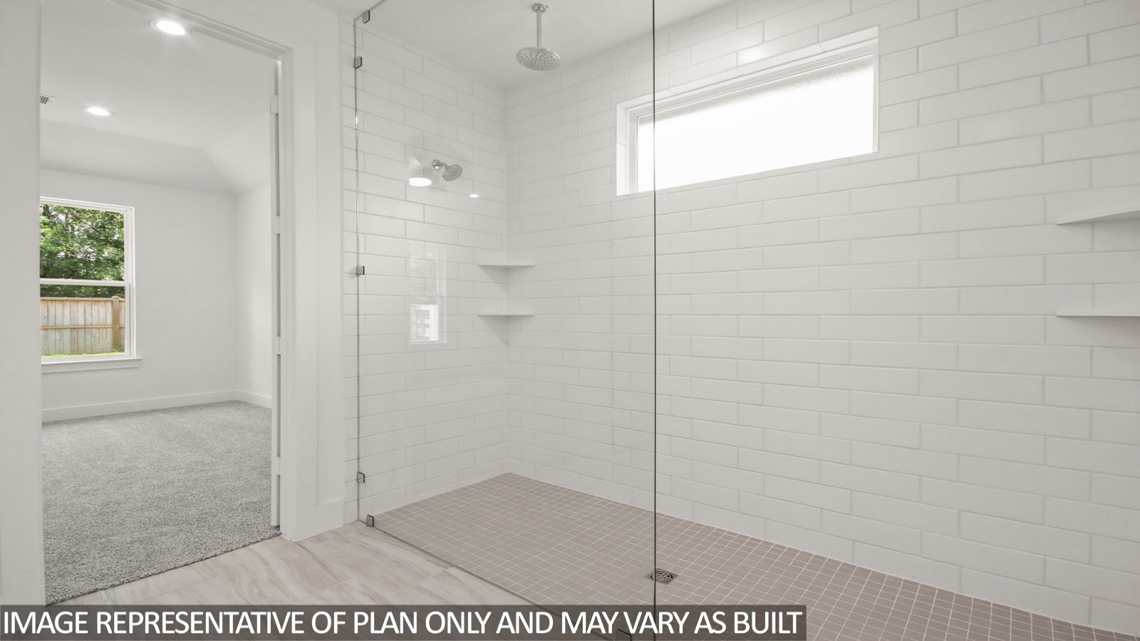 Primary bathroom with dual sinks, super shower, white walls, and vinyl wood flooring.