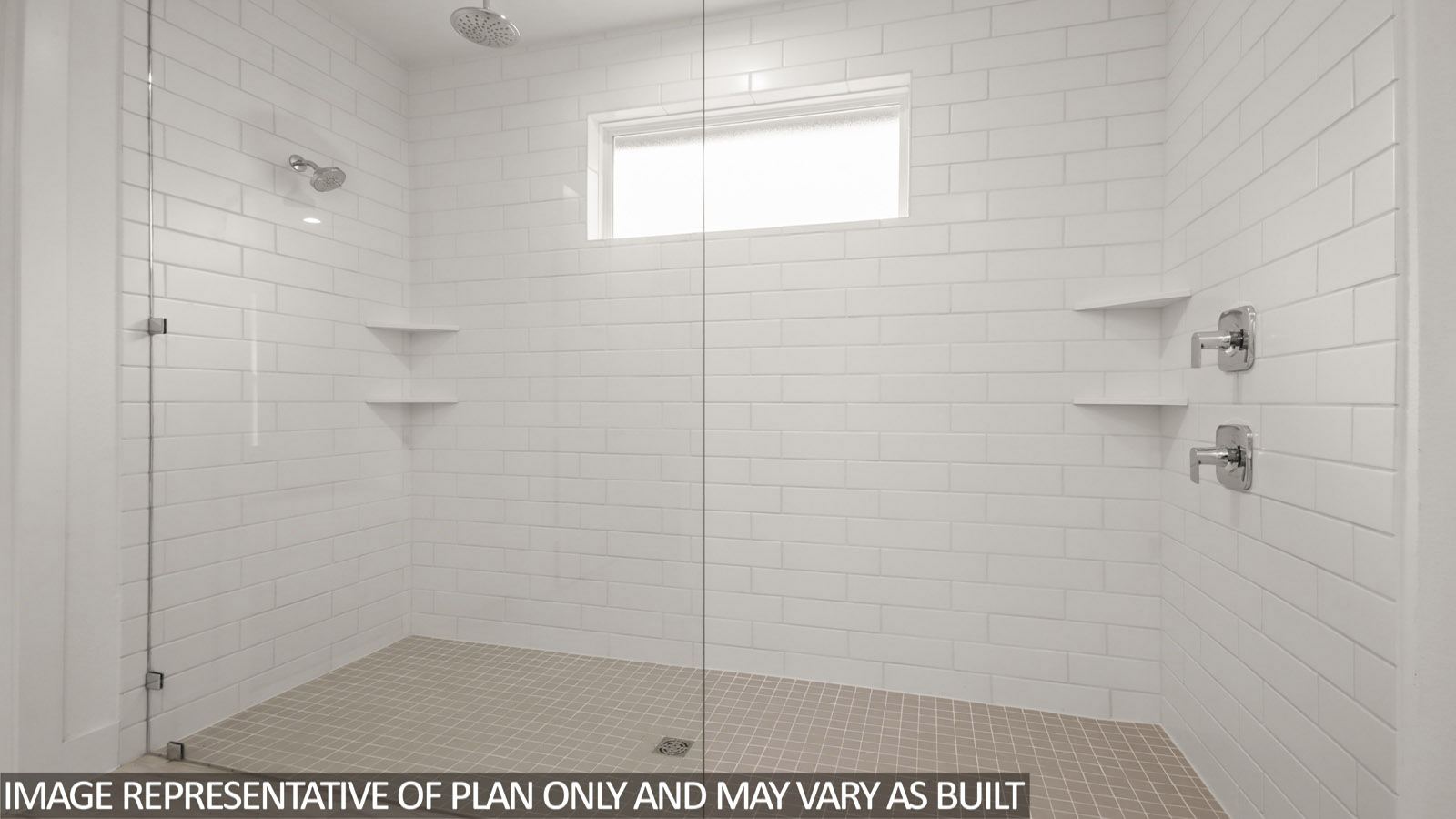 Primary bathroom with dual sinks, super shower, white walls, and vinyl wood flooring.