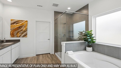 primary bathroom with bath tub and walk in shower