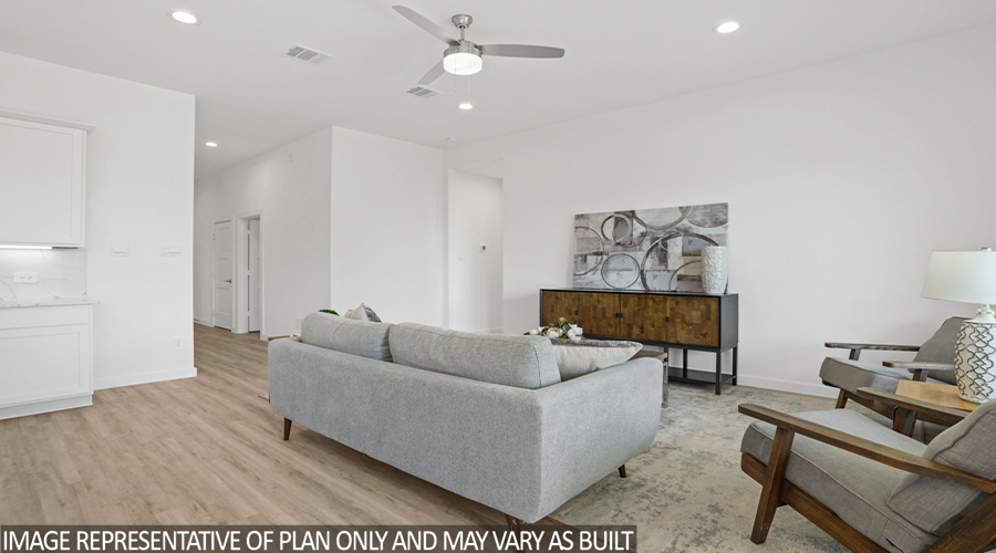 Open-concept living and dining space.