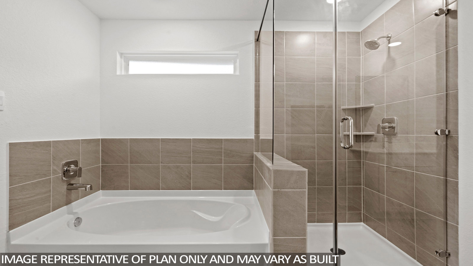 Primary bathroom with dual sinks, shower, tub, white walls, and vinyl wood flooring.
