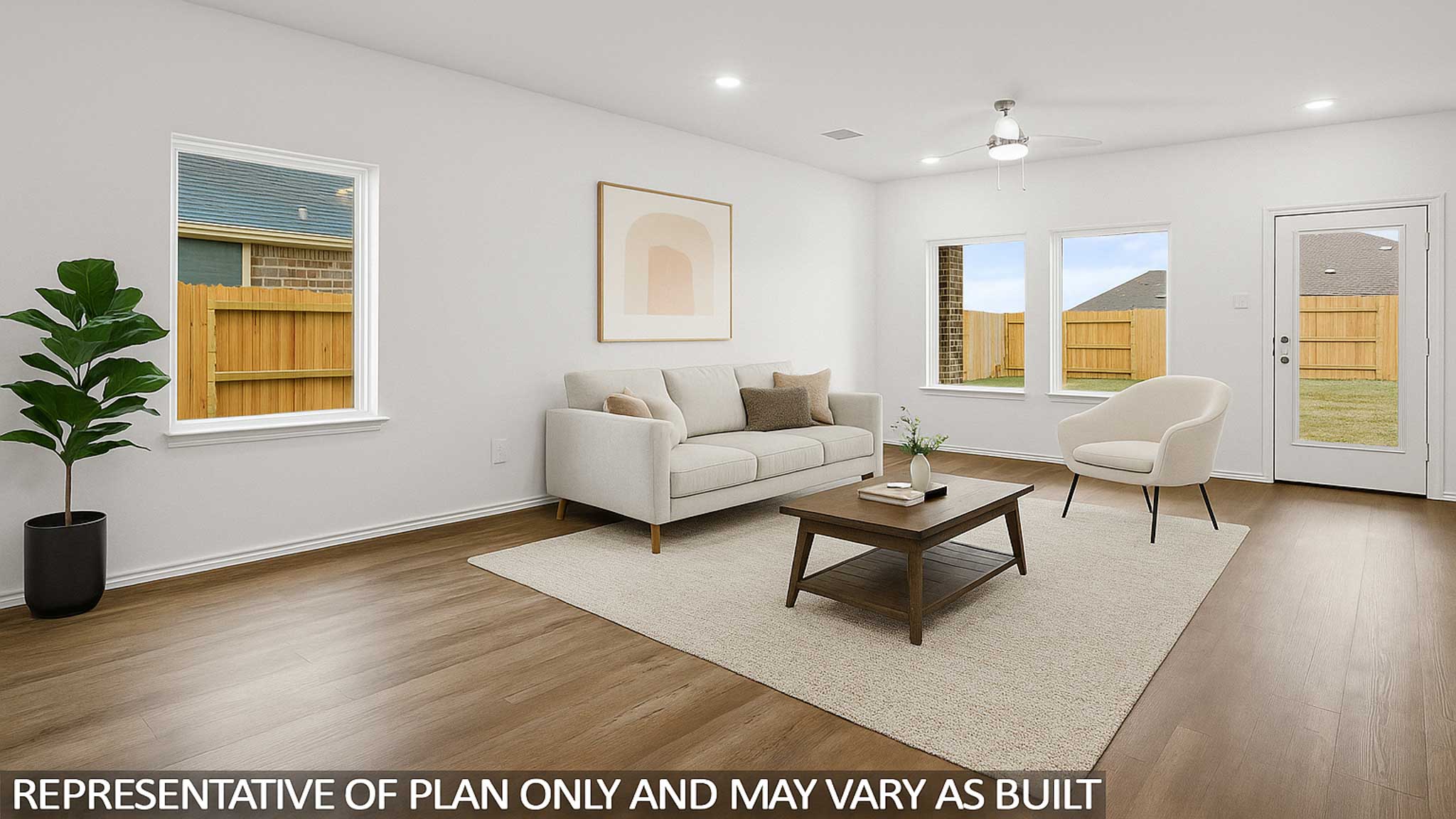 Main front level living room adds a bright space with windows, open concept connections to kitchen, living spaces, backyard