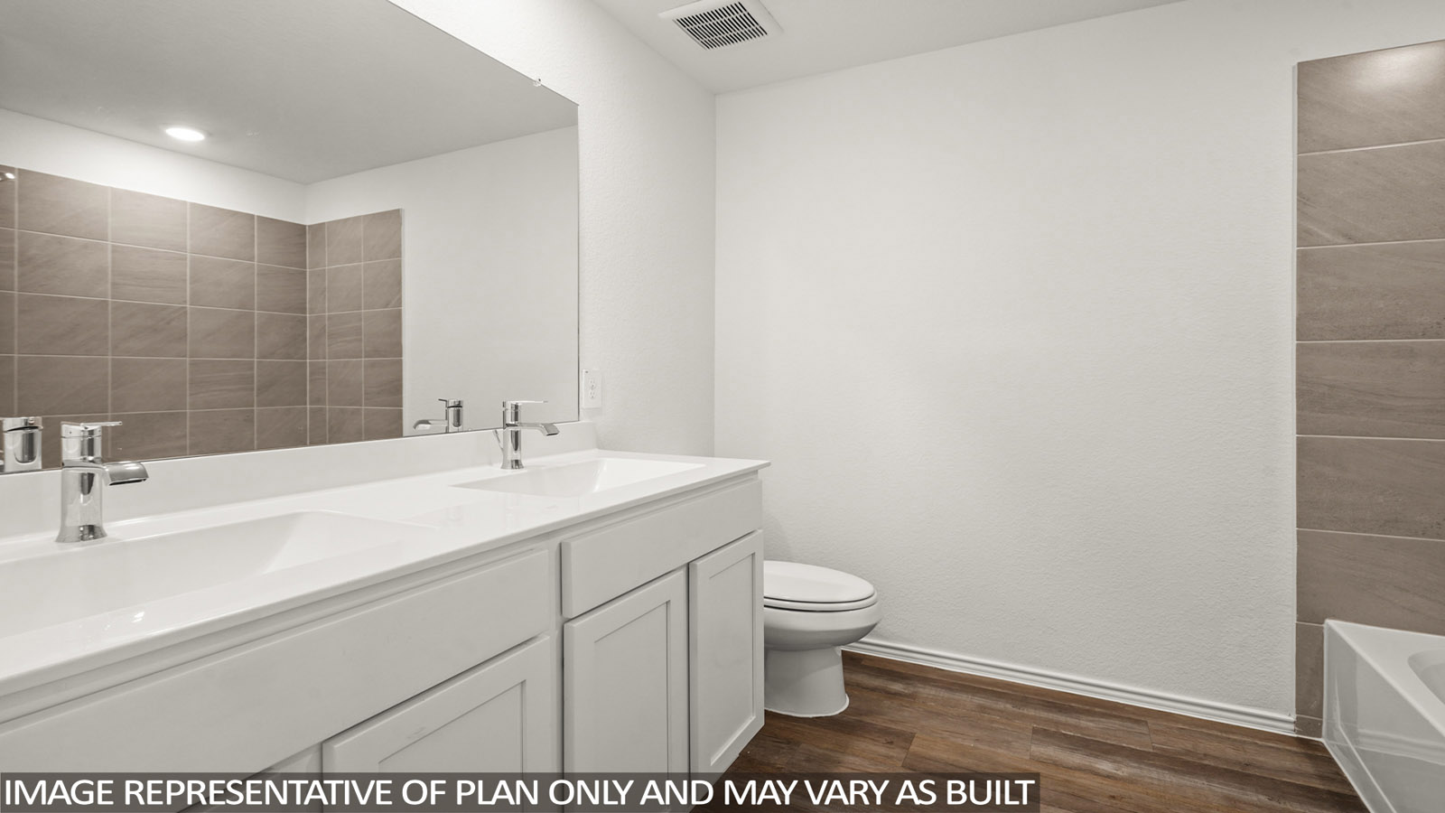 Secondary bathroom with dual sinks, shower and tub combo, white walls, and vinyl wood flooring.