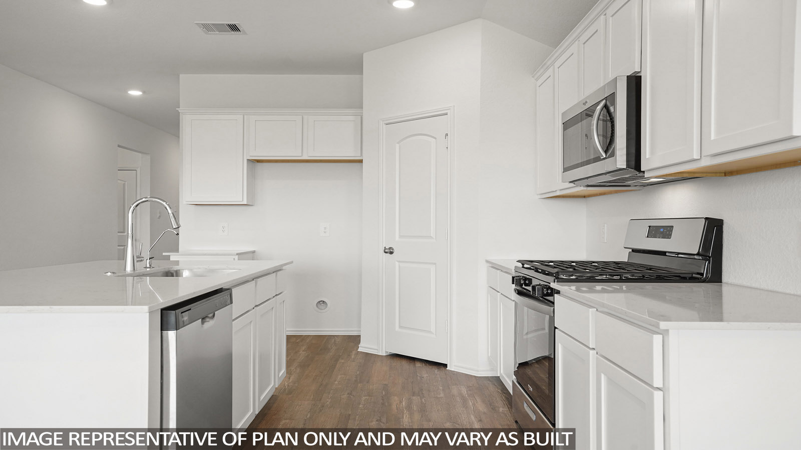 Open kitchen with an island, stainless steel appliances, white cabinets, white walls, and vinyl wood flooring.