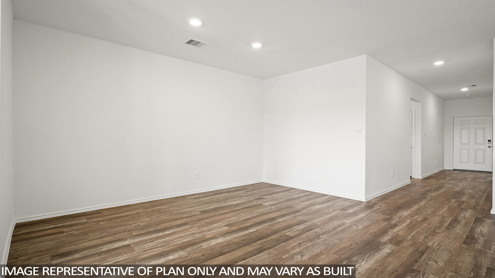 Open living room with windows, white walls, and vinyl wood flooring.