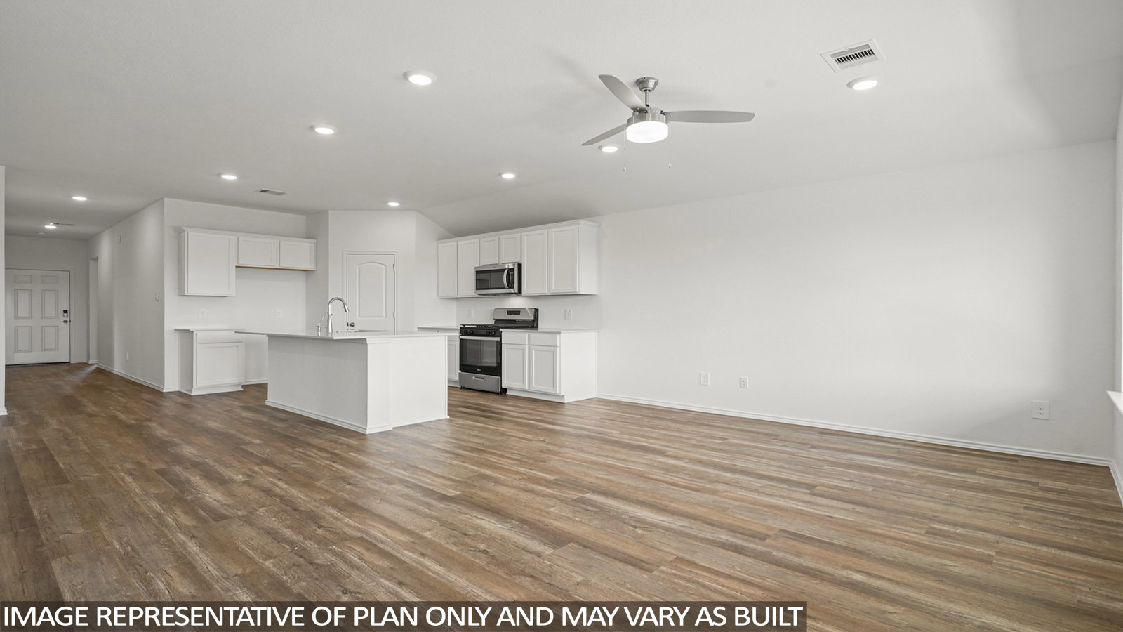 Open living room with windows, white walls, and vinyl wood flooring.