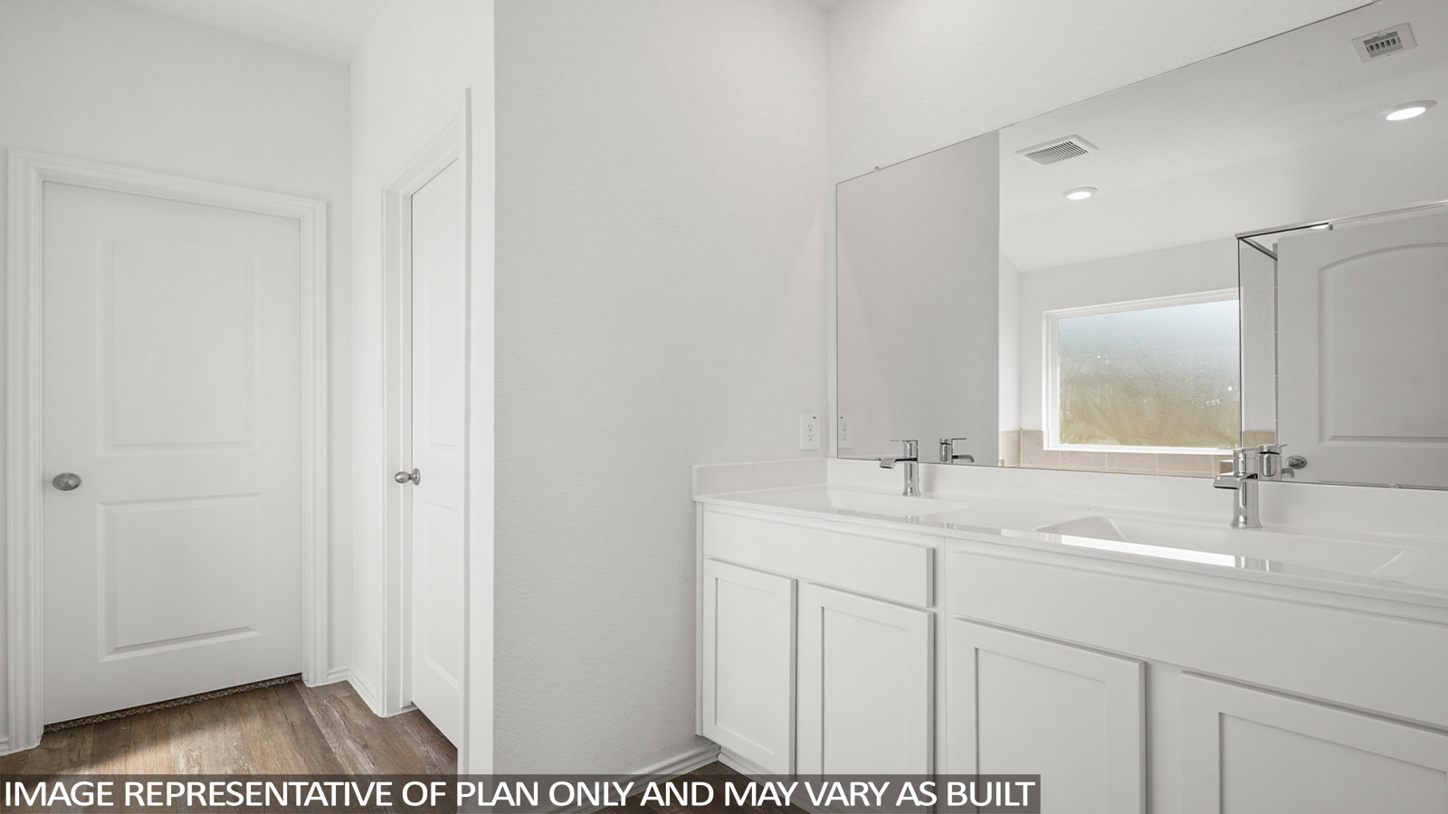 Primary bathroom with dual sinks, a shower, a tub, white walls, and vinyl wood flooring.