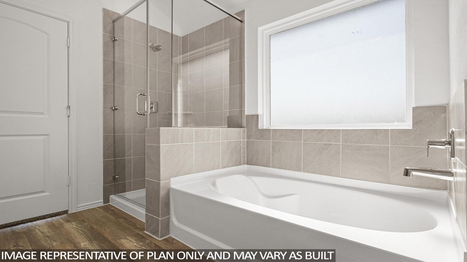 Primary bathroom with dual sinks, a shower, a tub, white walls, and vinyl wood flooring.