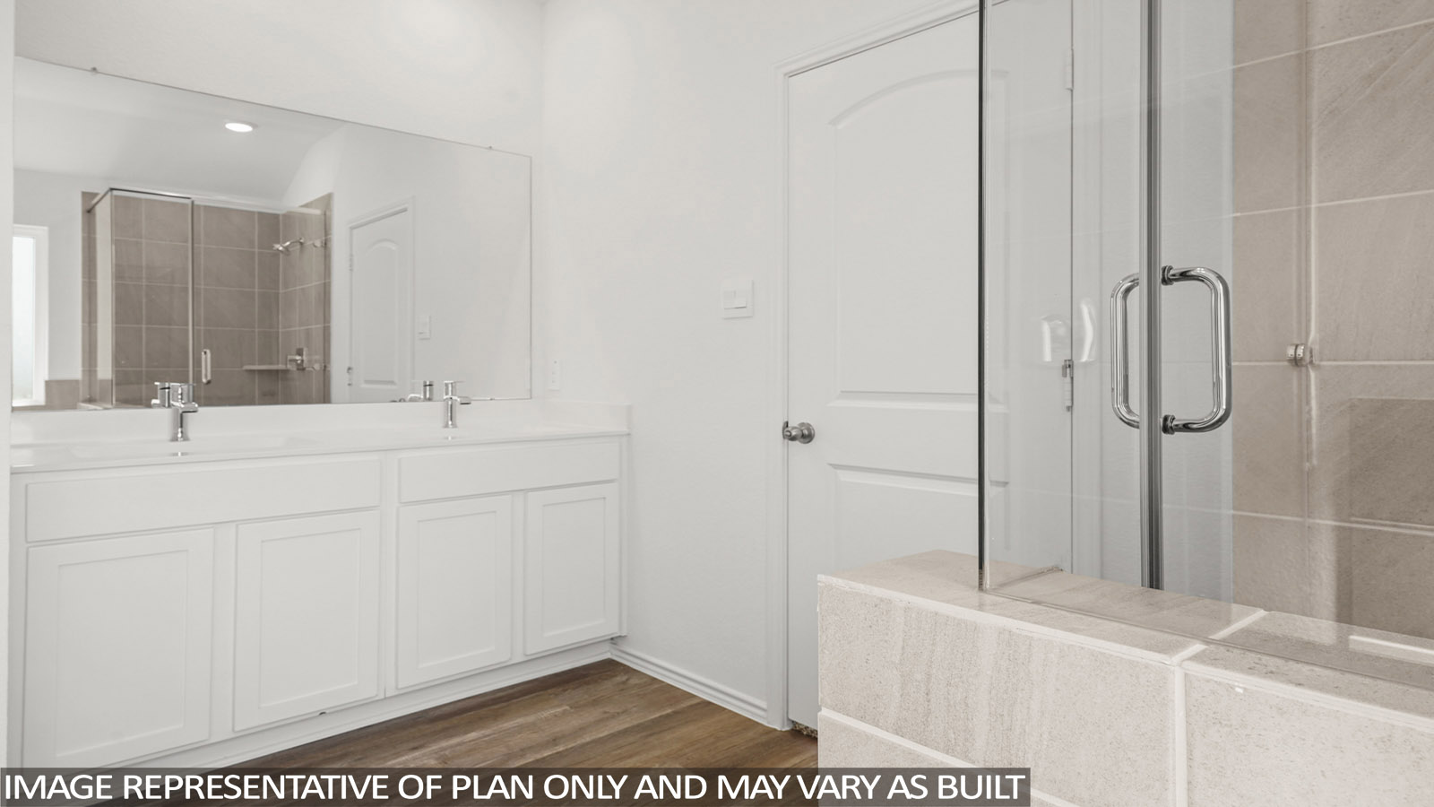 Primary bathroom with dual sinks, a shower, a tub, white walls, and vinyl wood flooring.