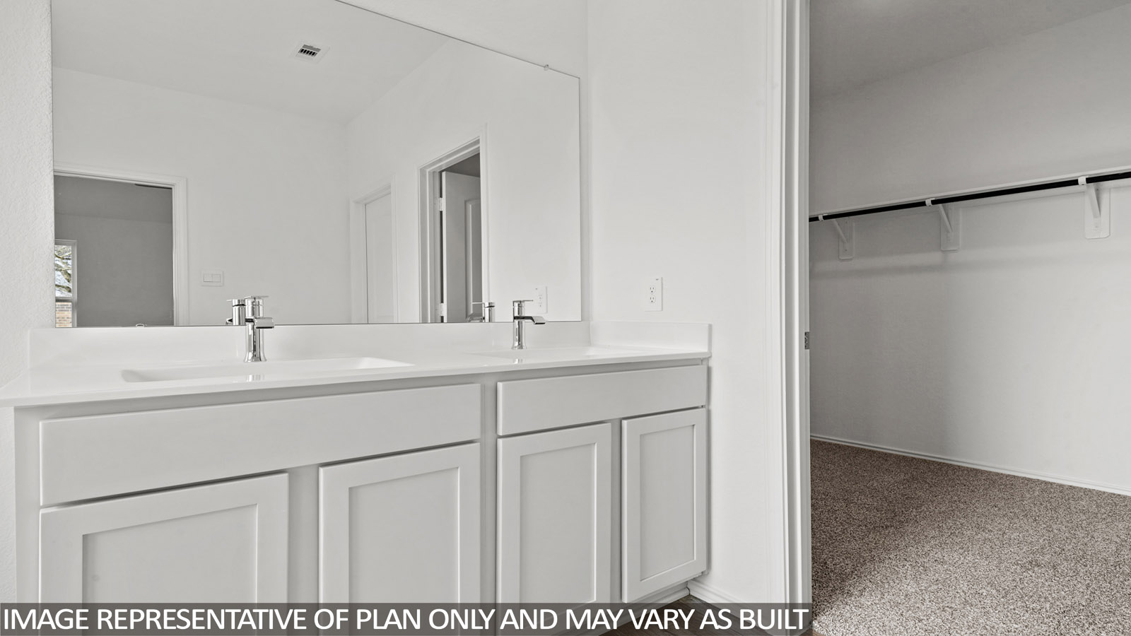 Primary bathroom with dual sinks, a shower, a tub, white walls, and vinyl wood flooring.