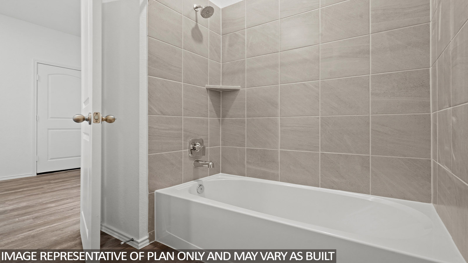 Secondary bathroom with a shower and tub combo, white walls, and vinyl wood flooring.