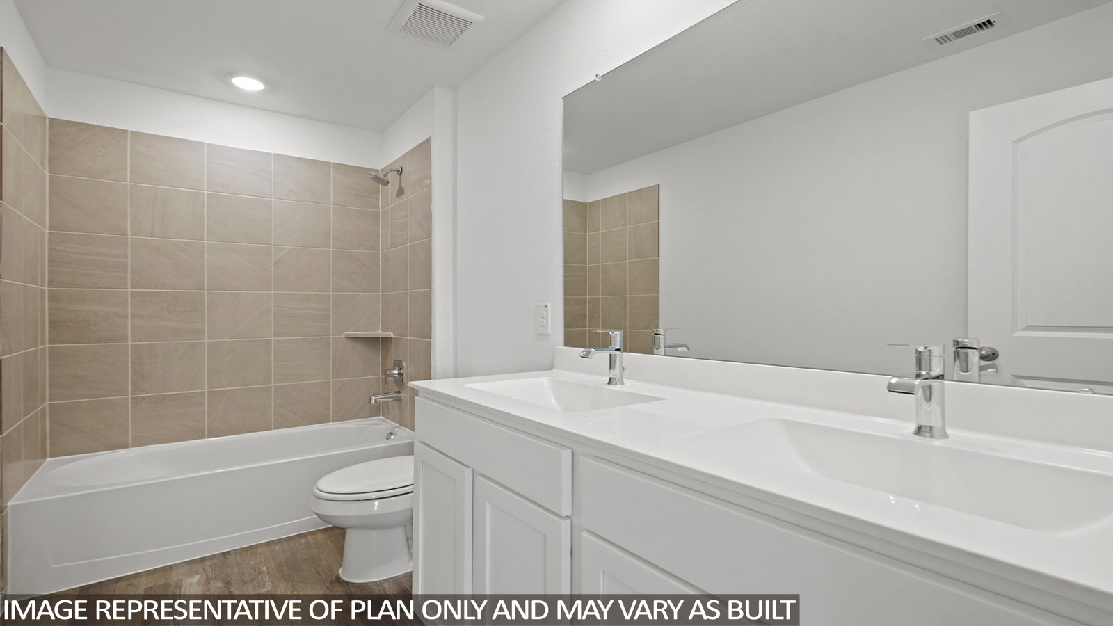 Secondary bathroom with dual sinks, shower and tub combo, white walls, and vinyl wood flooring.