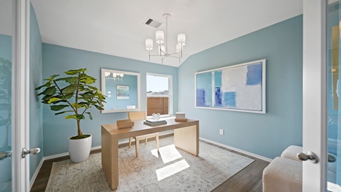 Study with windows, white walls, and vinyl wood flooring.