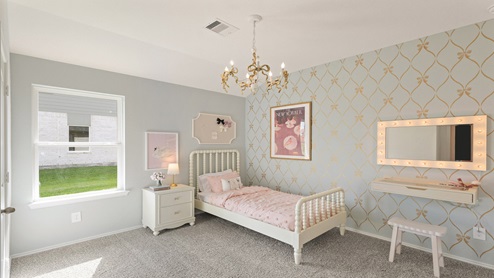 Secondary bedroom with windows, white walls, and light carpet.