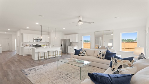 Open living room with windows, white walls, and vinyl wood flooring.