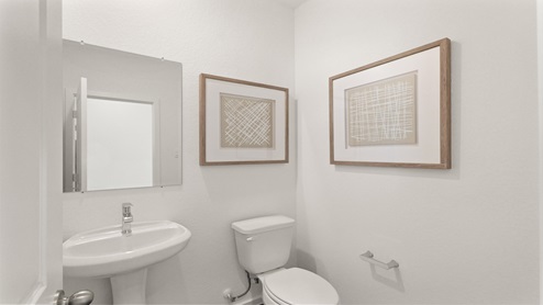 Powder room with white walls and vinyl wood flooring.