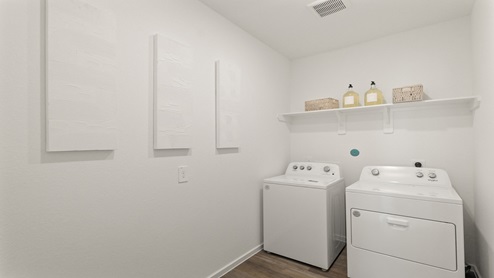 Laundry room with white walls and vinyl wood flooring.