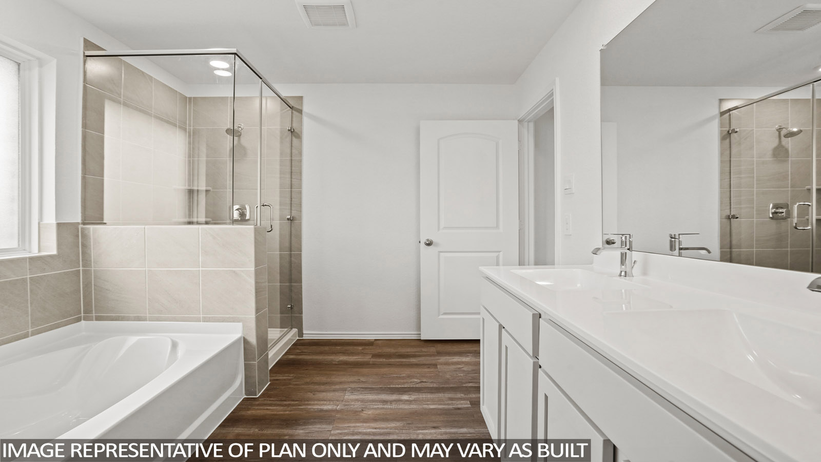 Primary bathroom with dual sinks, shower, tub, white walls, and vinyl wood flooring.