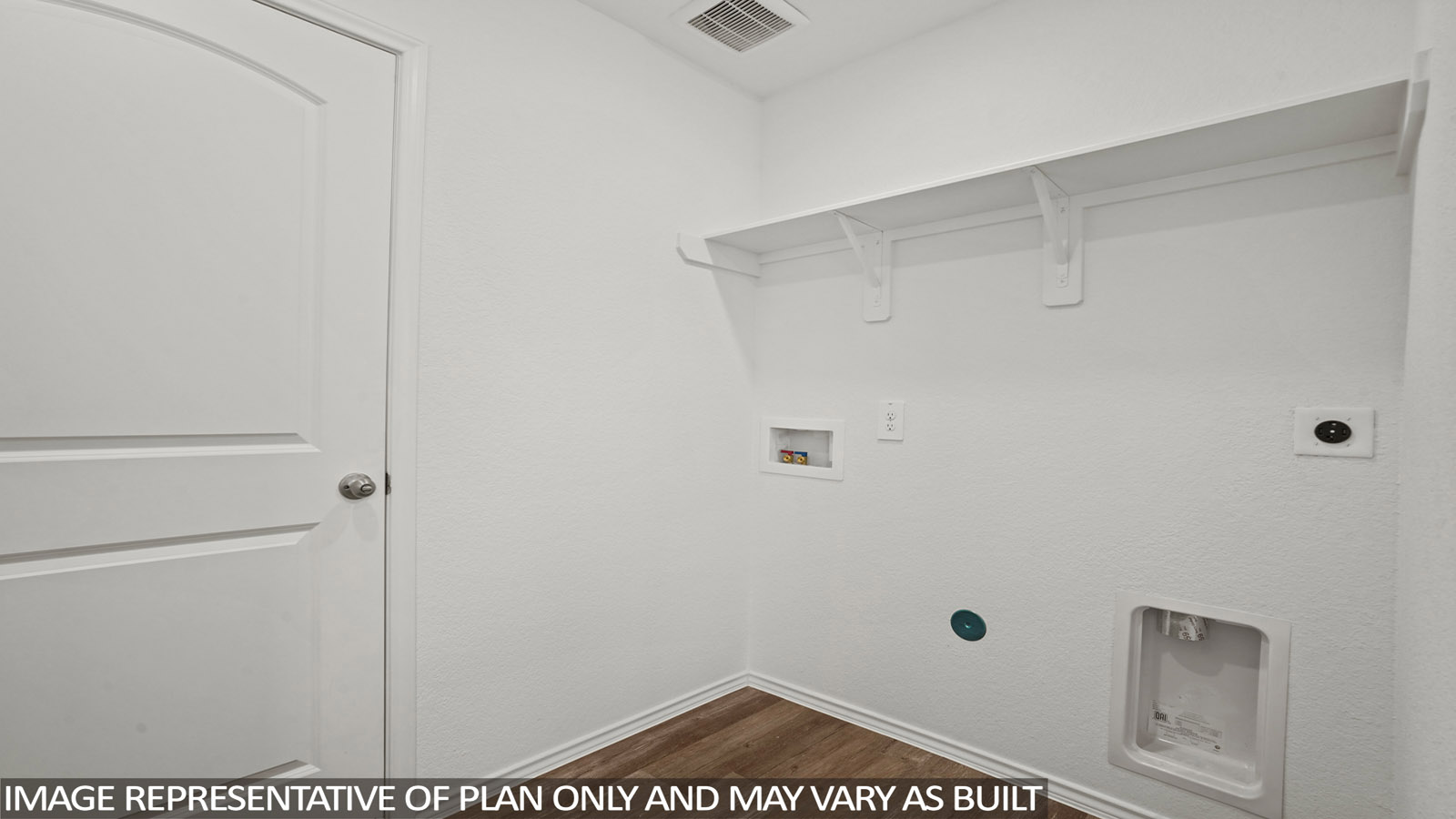 Laundry room with white walls and vinyl wood flooring.