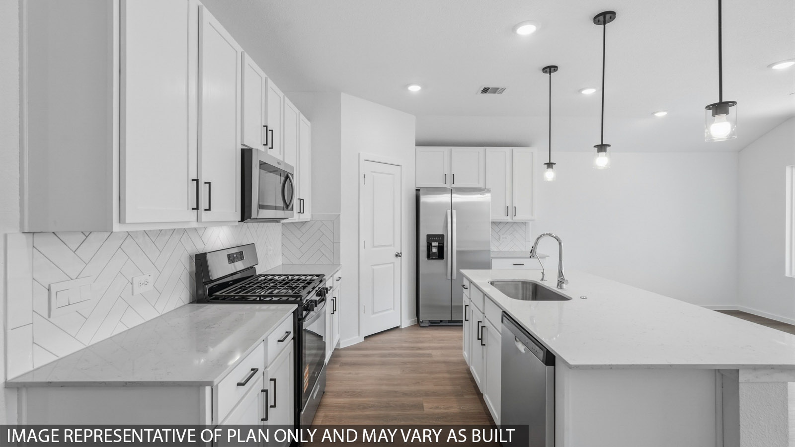 Open kitchen with an island, stainless steel appliances, white cabinets, white walls, and vinyl wood flooring.