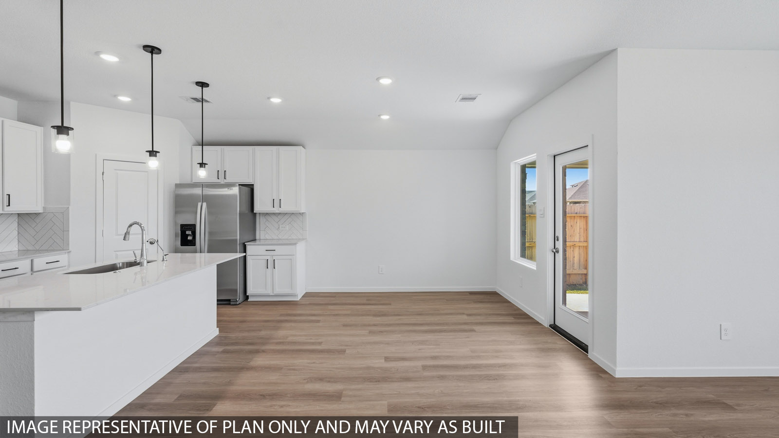 Open kitchen with an island, stainless steel appliances, white cabinets, white walls, and vinyl wood flooring.