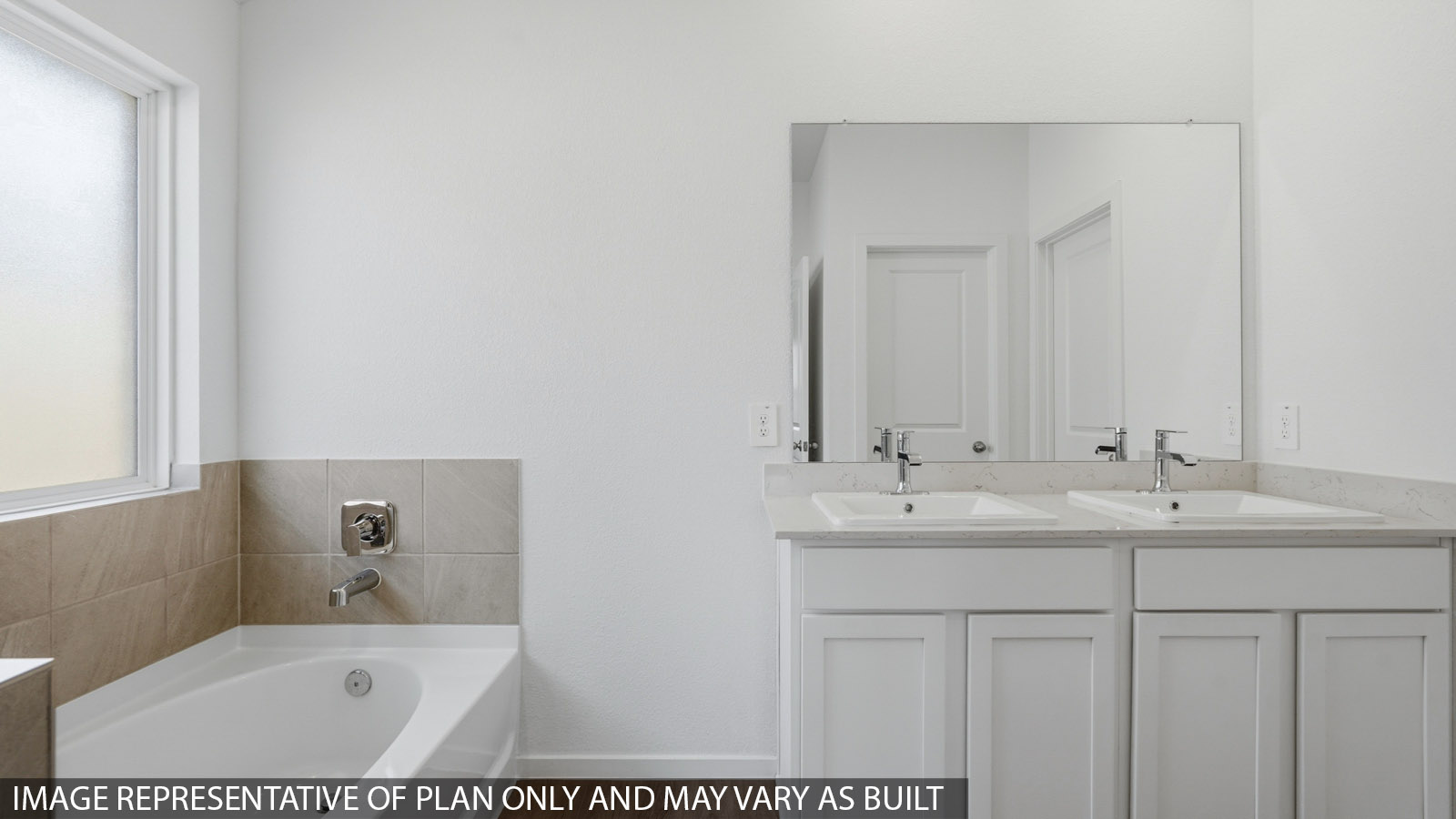 Primary bathroom with a shower, tub, dual sinks, white cabinets, white walls, and vinyl wood flooring.